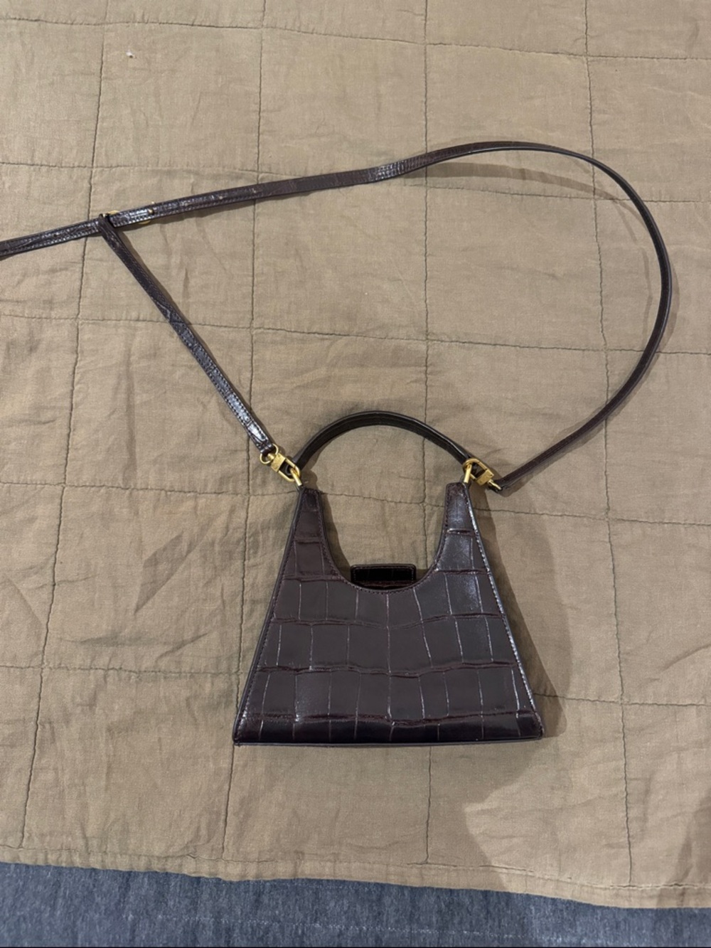 Staud Dark Brown Faux-Crocodile Mini Tote Crossbody
